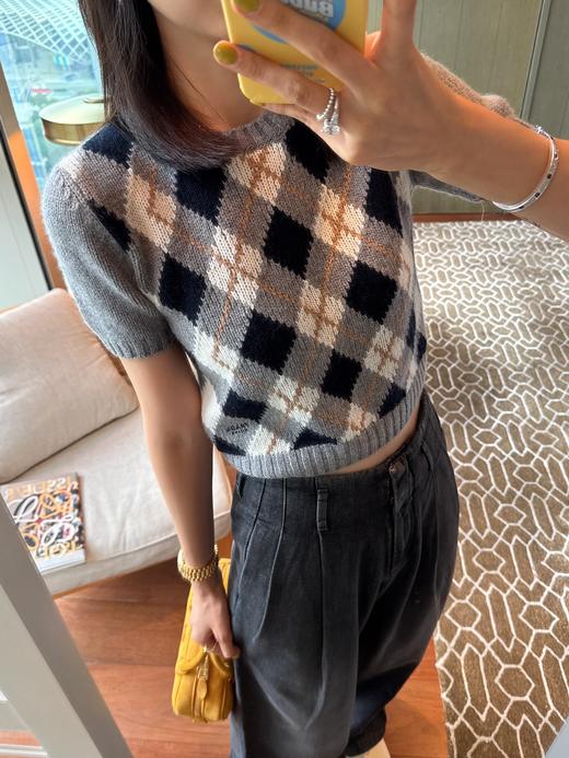 普拉达 25年新款 灰色菱格针织短袖上衣(KX*MM) 商品图5