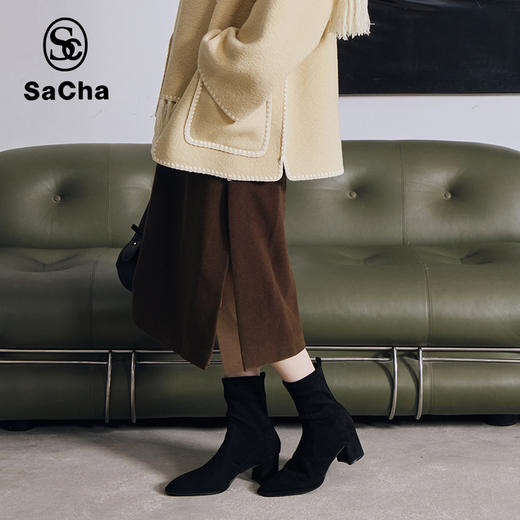 SACHA复古女士粗跟中筒靴，时尚百搭方头粗跟短靴，保暖舒适，BTZ020 商品图1