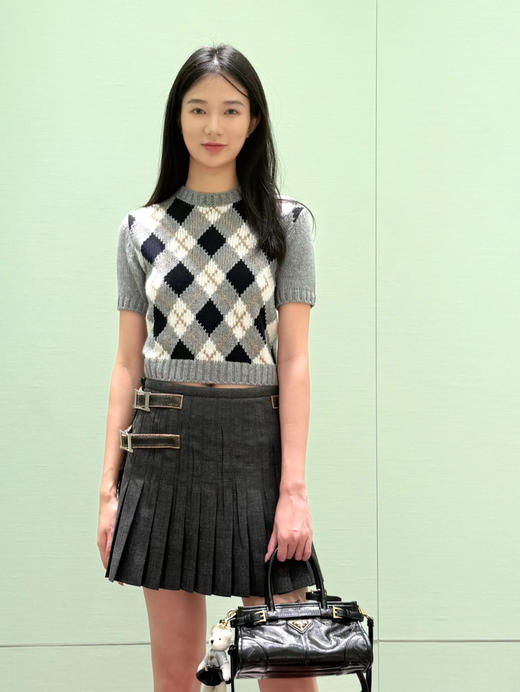 普拉达 25年新款 灰色菱格针织短袖上衣(KX*MM) 商品图1