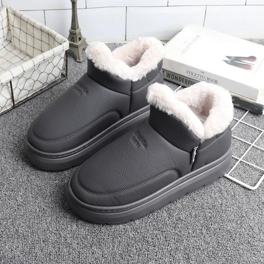 男/女士冬季加厚皮面保暖防水高帮棉鞋女PU厚底毛绒外穿居家包跟棉拖鞋 男【WG25135W/WG25135M】 商品图1