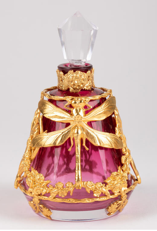 独角鹿西洋古董 19世纪末法国出品新艺术风格蜻蜓主题铜鎏金雕饰玫粉色水晶梳洗套件 商品图1