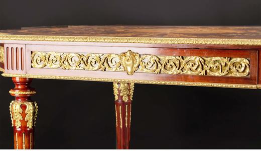 独角鹿西洋古董 1860年代法国出品路易十六风格铜鎏金雕花古典花叶纹细木镶嵌装饰绿水晶圆形写字桌 商品图6