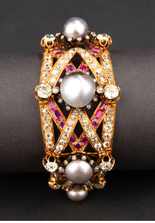 独角鹿西洋古董 1858年法国珠宝大师出品黄金镶嵌天然海水珍珠及红宝石钻石手链 商品图3