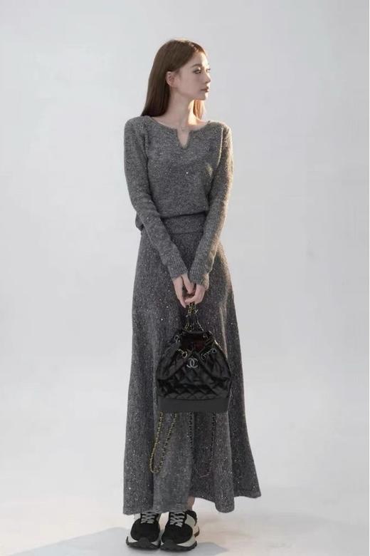 LNNNS 高级灰针织优雅上衣时尚高腰半裙套装 21388 商品图5