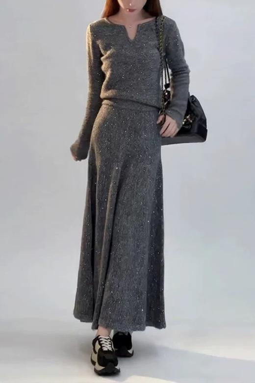LNNNS 高级灰针织优雅上衣时尚高腰半裙套装 21388 商品图2
