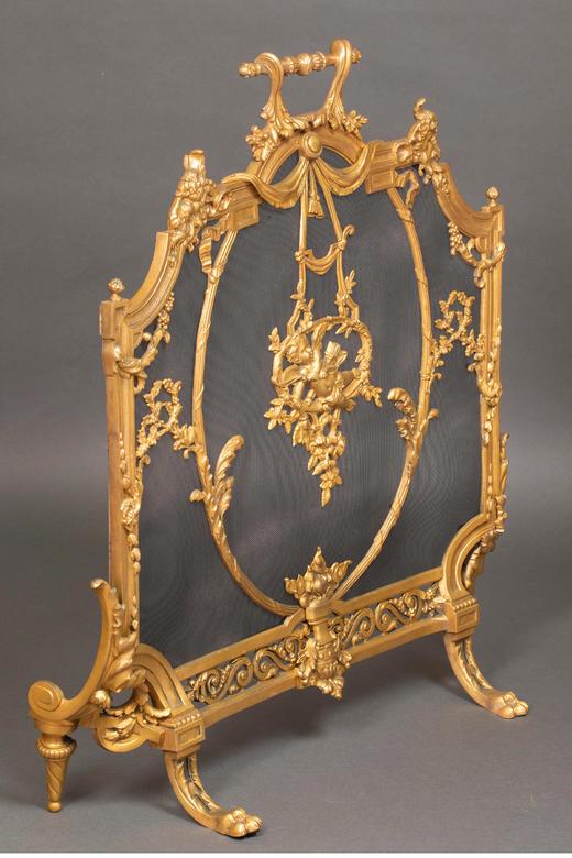 独角鹿西洋古董 19世纪法国出品路易十六风格铜鎏金雕饰爱神小天使主题壁炉屏风 商品图1