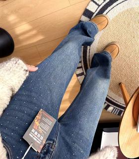 土耳其新款超带派buling烫钻直筒植绒一体绒微阔腿裤