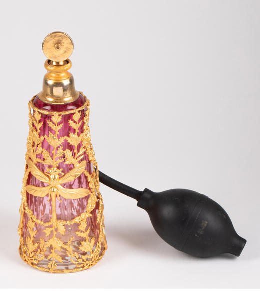 独角鹿西洋古董 19世纪末法国出品新艺术风格蜻蜓主题铜鎏金雕饰玫粉色水晶梳洗套件 商品图6