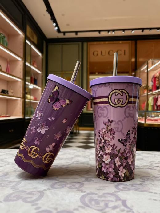 D111106紫色花样咖啡杯25年新款高颜值吸管保温杯 商品图3