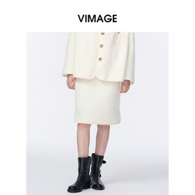 VIMAGE纬漫纪圈圈呢简约一字腰头侧面微开叉设计直筒包臀半裙V2406118
