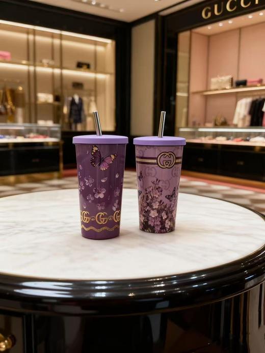 D111106紫色花样咖啡杯25年新款高颜值吸管保温杯 商品图4