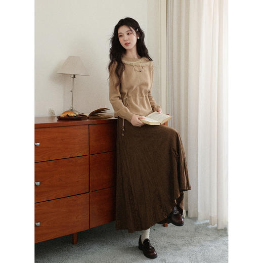 鹿向南「北欧港湾」棕色木耳边褶皱半身裙秋冬新款文艺复古长裙女 商品图3