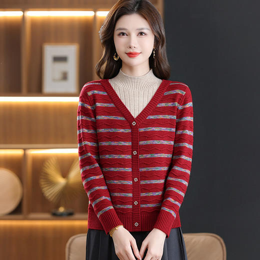 QQ68263 2025春秋新款毛衣女士韩系风撞色V领条纹套头针织衫宽松显瘦上衣 商品图2