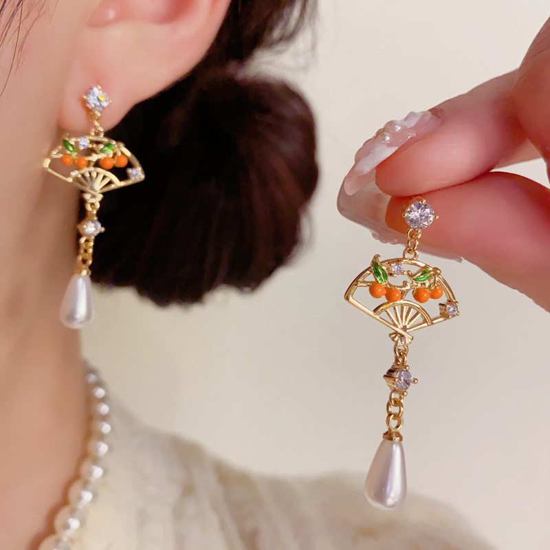【柿柿如意扇子耳坠】敦煌小众中国风滴油 柿子扇形水滴珍珠耳坠女 个性时尚轻奢温柔百搭耳环