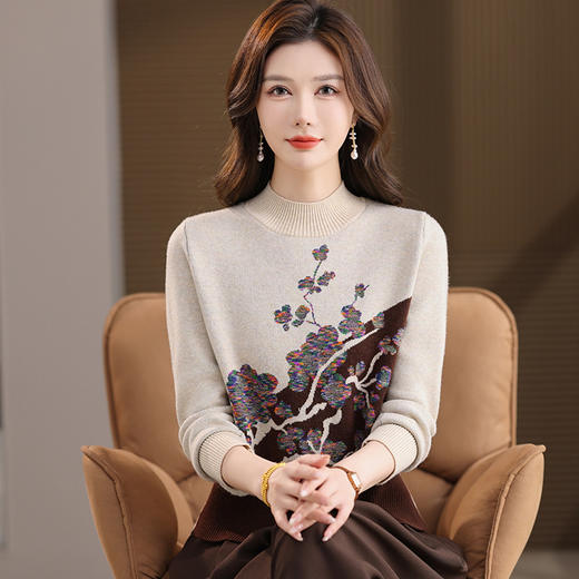 QQ5631针织衫梅花提花毛衣女秋冬季2025年新款慵懒风内搭厚上衣打底衫 商品图3