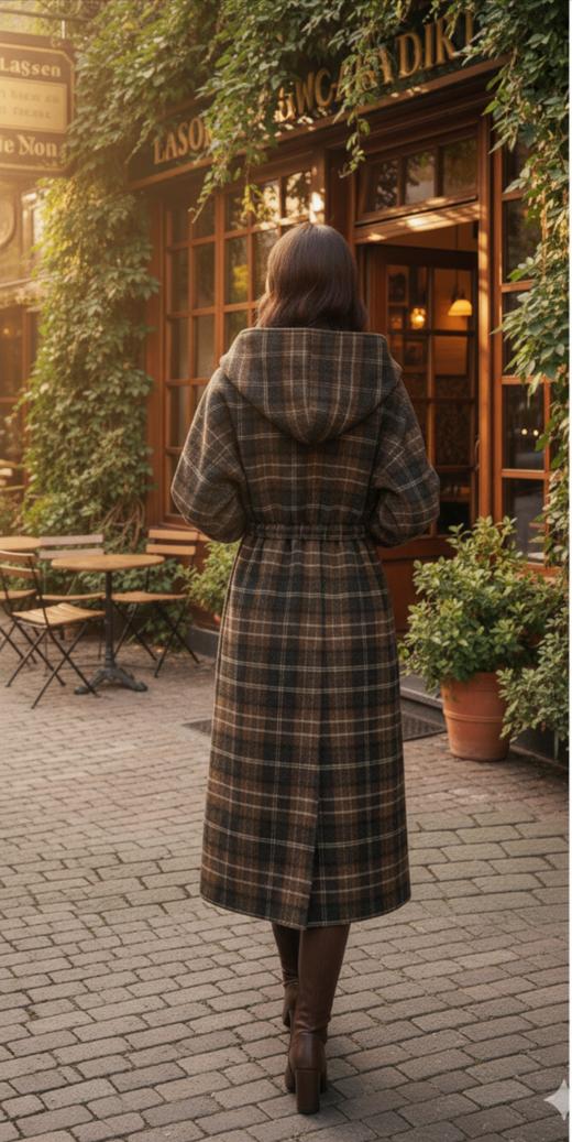 MM大帽腰抽绳装饰双色双面手工长款大衣 商品图1