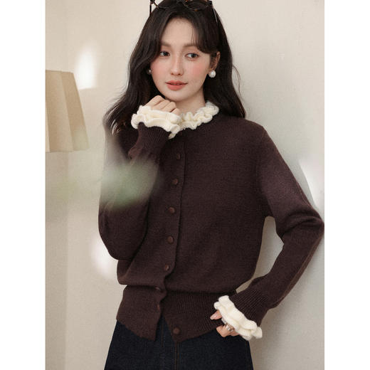 鹿向南「旧时光织」法式复古风咖色毛衣女2025秋冬喇叭袖厚款上衣 商品图0