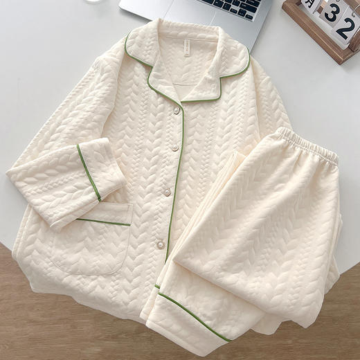 希燕茵2025新款绿边睡衣女秋冬季空气棉夹层加厚保暖夹棉甜美家居服XY0015★ 商品图2