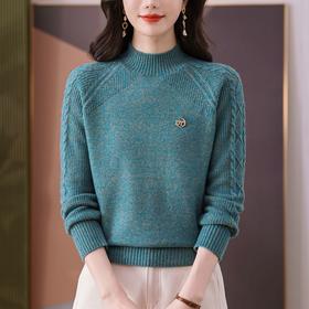 半高领花纱针织衫，菱格纹拼接刺绣标修身长袖毛衣上衣CC-103-H061