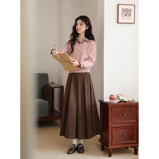 鹿向南「璀璨之恋」假两件格纹翻领粉色毛衣女秋冬学院风长袖上衣 商品图1