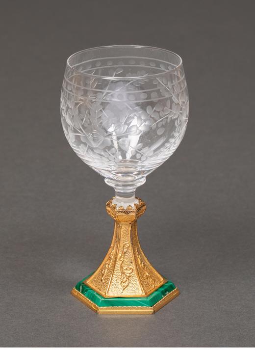 独角鹿西洋古董 20世纪法国出品新艺术风格银鎏金镶嵌孔雀石底座蚀刻水晶酒杯 12件 商品图3