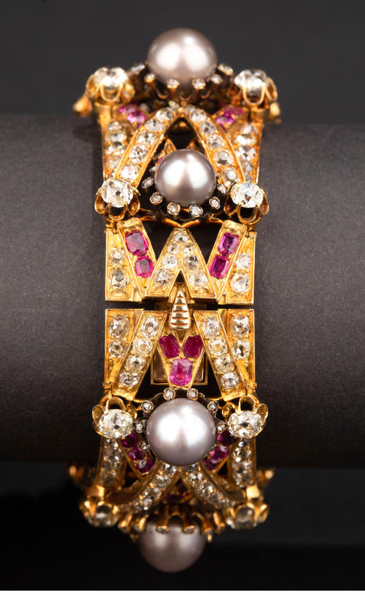 独角鹿西洋古董 1858年法国珠宝大师出品黄金镶嵌天然海水珍珠及红宝石钻石手链 商品图2