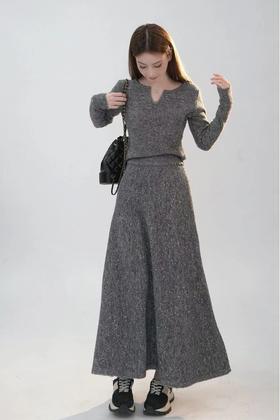 LNNNS 高级灰针织优雅上衣时尚高腰半裙套装 21388