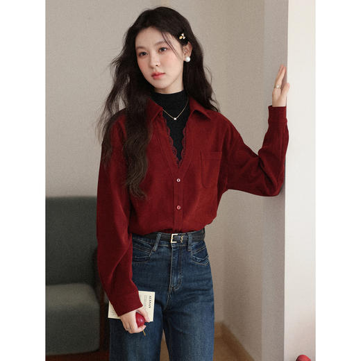 鹿向南「深赤凝光」红色翻领衬衫秋冬季蕾丝拼接气质复古风上衣女 商品图0