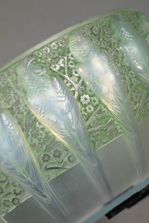 独角鹿西洋古董1931年法国顶级水晶工坊莱俪LALIQUE设计出品「Perruches 鹦鹉」主题绿色欧泊水晶碗 商品图6