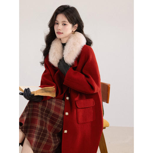 鹿向南「灵动娇贵」千金风洋气红色蝴蝶结大衣中长款厚款毛呢外套 商品图4