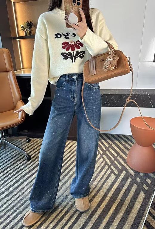 土耳其新款超带派buling烫钻直筒植绒一体绒微阔腿裤 商品图13