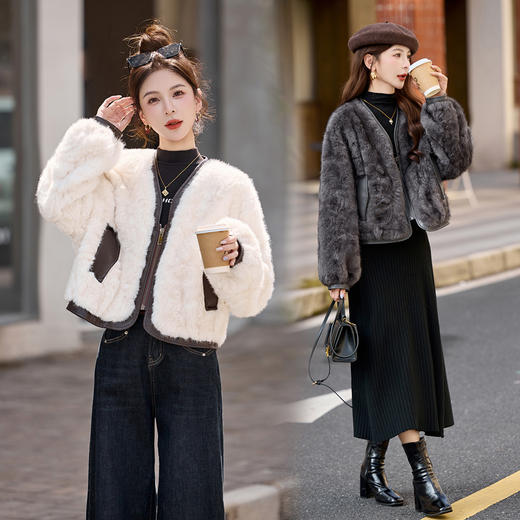 HR YJH5512优雅风V领撞色拼皮时尚皮毛一体外套 商品图0
