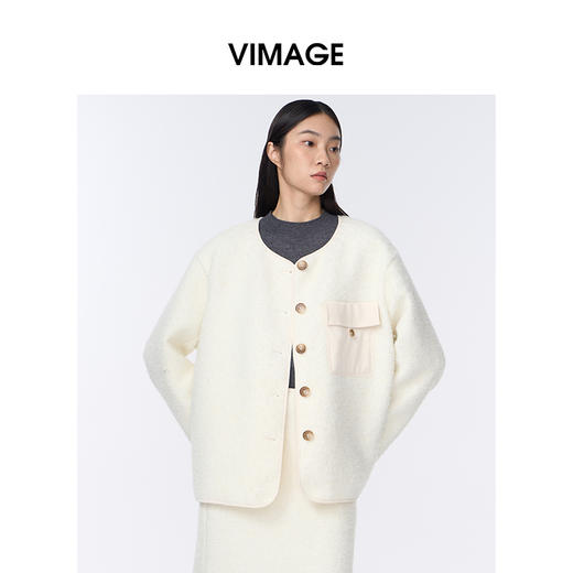 VIMAGE纬漫纪胸前大口袋设计撞色纽扣宽松夹棉外套V2403115 商品图1