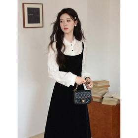 鹿向南「主题曲」法式千金感假两件设计感连衣裙女秋新款黑色长裙