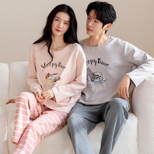 希燕茵卡通情侣睡衣秋季圆领套头长袖长裤家居服宽松休闲男女可外穿家居XY0020★ 商品图11