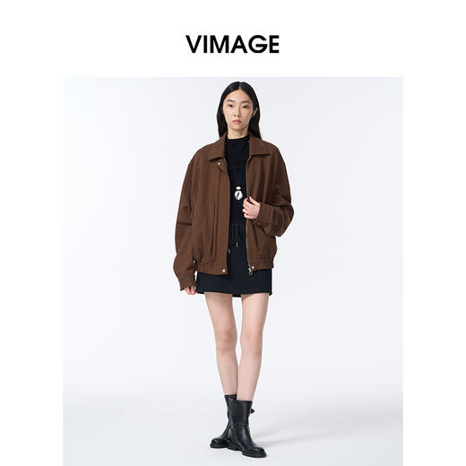 VIMAGE纬漫纪休闲翻领拉链美拉德复古深卡其夹克外套V2403116 商品图0