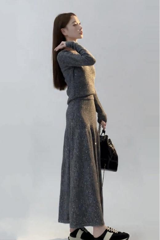 LNNNS 高级灰针织优雅上衣时尚高腰半裙套装 21388 商品图6