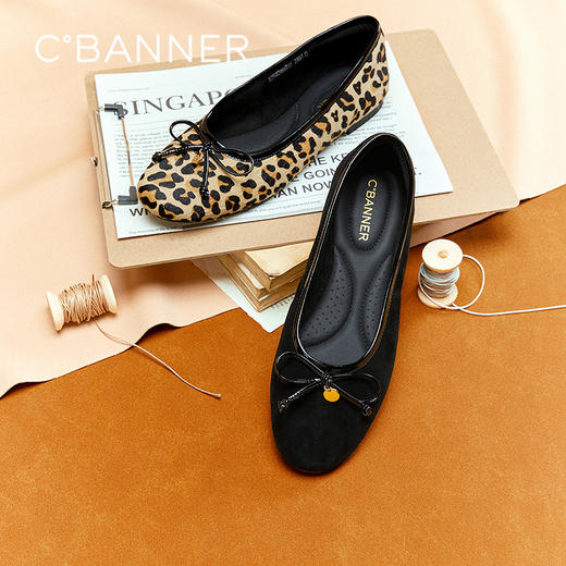 千百度蝴蝶结复古羊皮豹纹平底鞋女晚晚鞋浅口单鞋A25482466 商品图0