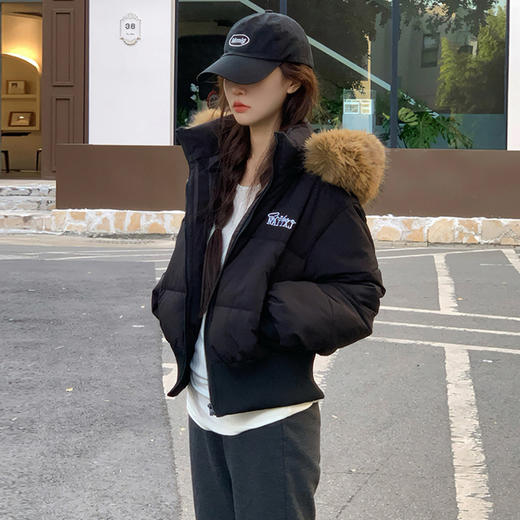 西遇大毛领连帽短款棉服女2025年冬季新款美式显瘦不臃肿夹棉外套SS051803 商品图2