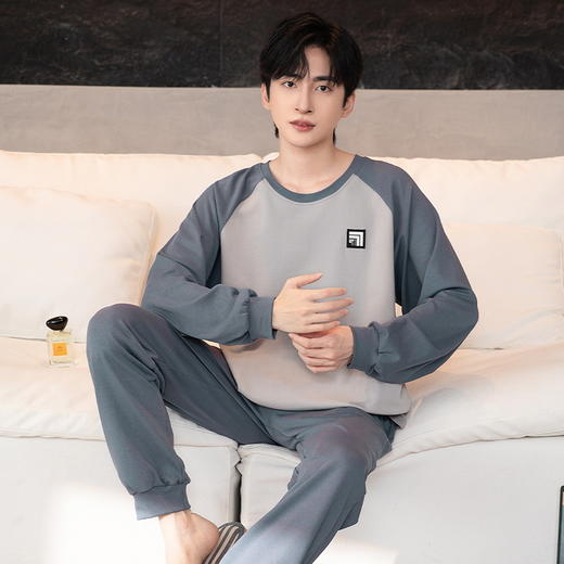 希燕茵睡衣男春秋季圆领长袖长裤套装简约休闲可外穿薄款男士家居服新款XY0010★ 商品图2