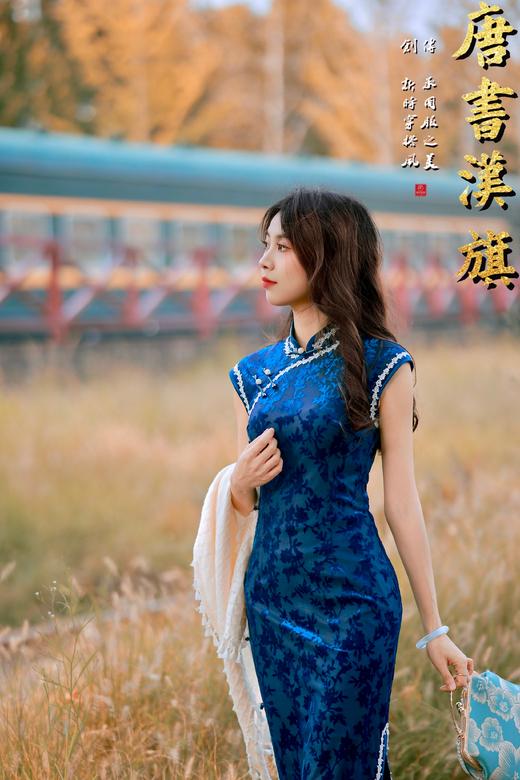 【苍蓝花韵】藏青底暗纹提花，自带复古丝绒光泽，改良立领+斜襟盘扣，保留旗袍韵味又适配日常。修身剪裁衬出东方曲线， 商品图6