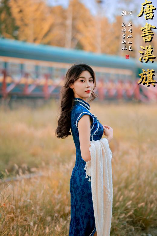 【苍蓝花韵】藏青底暗纹提花，自带复古丝绒光泽，改良立领+斜襟盘扣，保留旗袍韵味又适配日常。修身剪裁衬出东方曲线， 商品图4