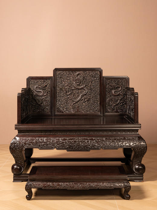紫檀云龙纹三弯腿五屏风宝座（配脚踏） 商品图0