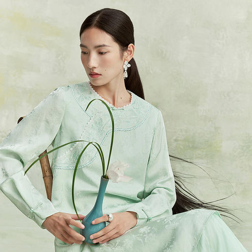 【林栖设计小店】(现货)【手工钉珠】春意自来真丝连衣裙拼荷叶边轻中式2026早春新款长裙1961162 商品图0