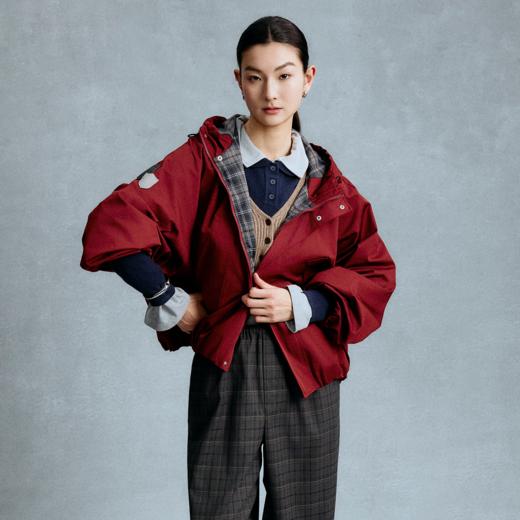 GOODBAI 徽章剪影贴布格纹撞色连帽拉链外套 商品图0