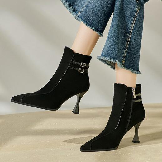 【预售5天】欧美真皮磨砂粗高跟短靴，时尚豹纹尖头显瘦时装靴舒适百搭马丁单靴QS&756 商品图1