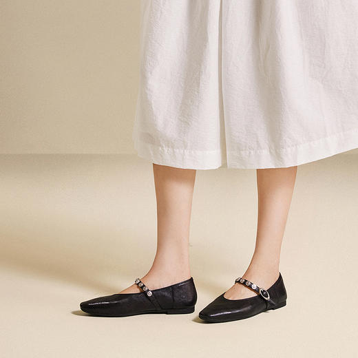 千百度低跟手抓皮羊皮玛丽珍鞋女浅口舒适轻便平底鞋A25425182 商品图4