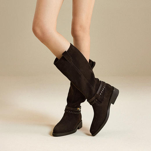 千百度美拉德粗跟骑士靴女加绒保暖瘦瘦靴高筒长靴子A25592038 商品图4