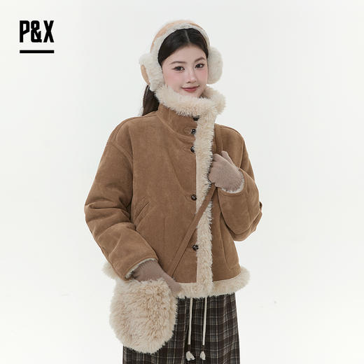 P&X设计师女装2025冬季羊羔绒皮毛一体短款外套 825413241 咖色 商品图3