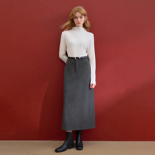 西遇木耳边半高领长袖T恤女冬季新款麦穗纹亲肤内搭针织衫V3955363 商品图1